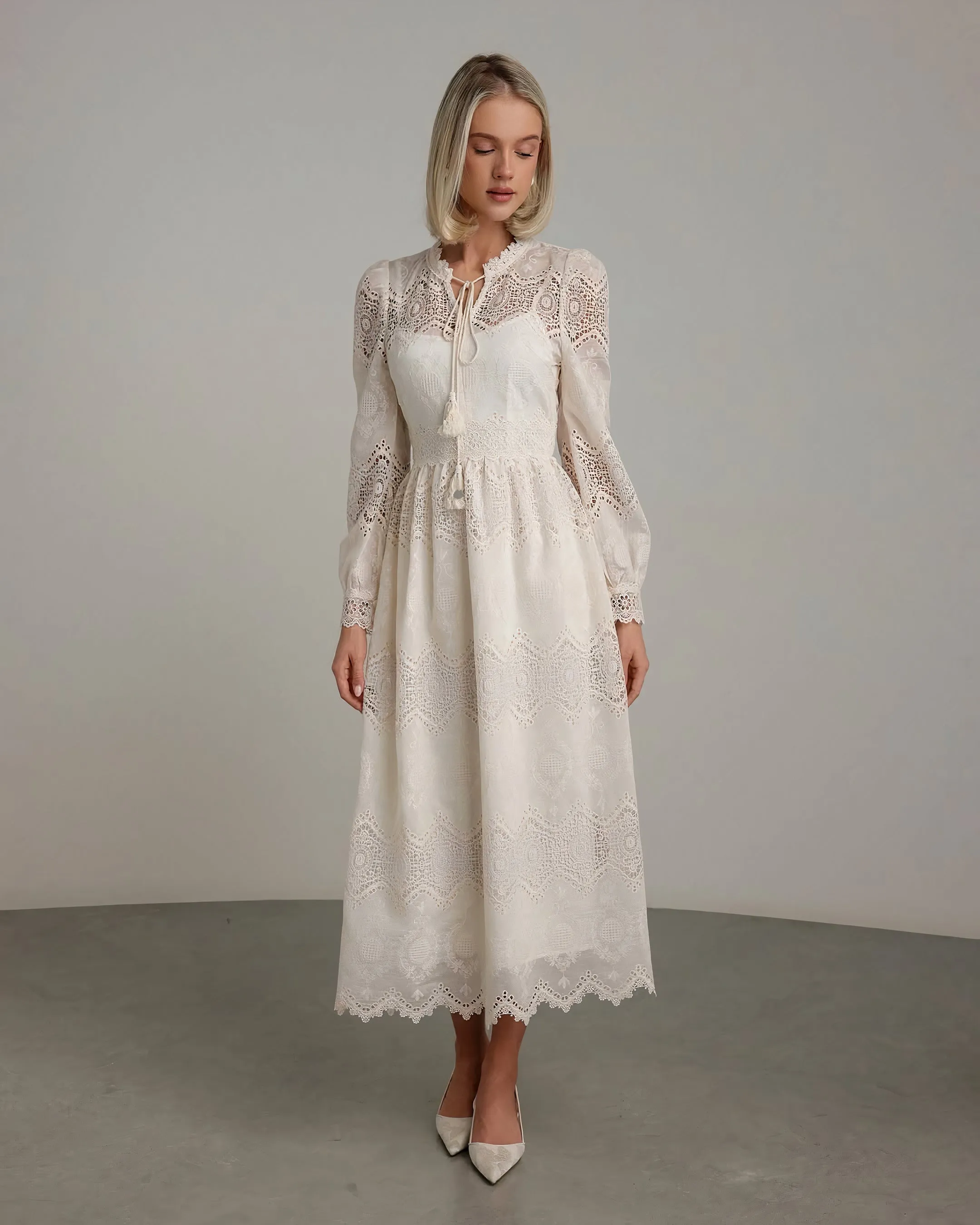 Pearl Embroidered Lace Midi Dress