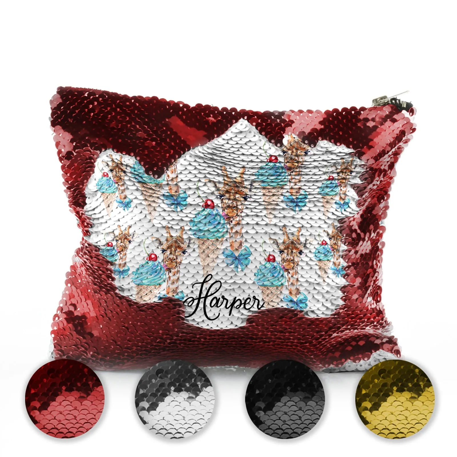 Personalised Sequin Zip Bag with Giraffe Blue Ice creams and Cute Text