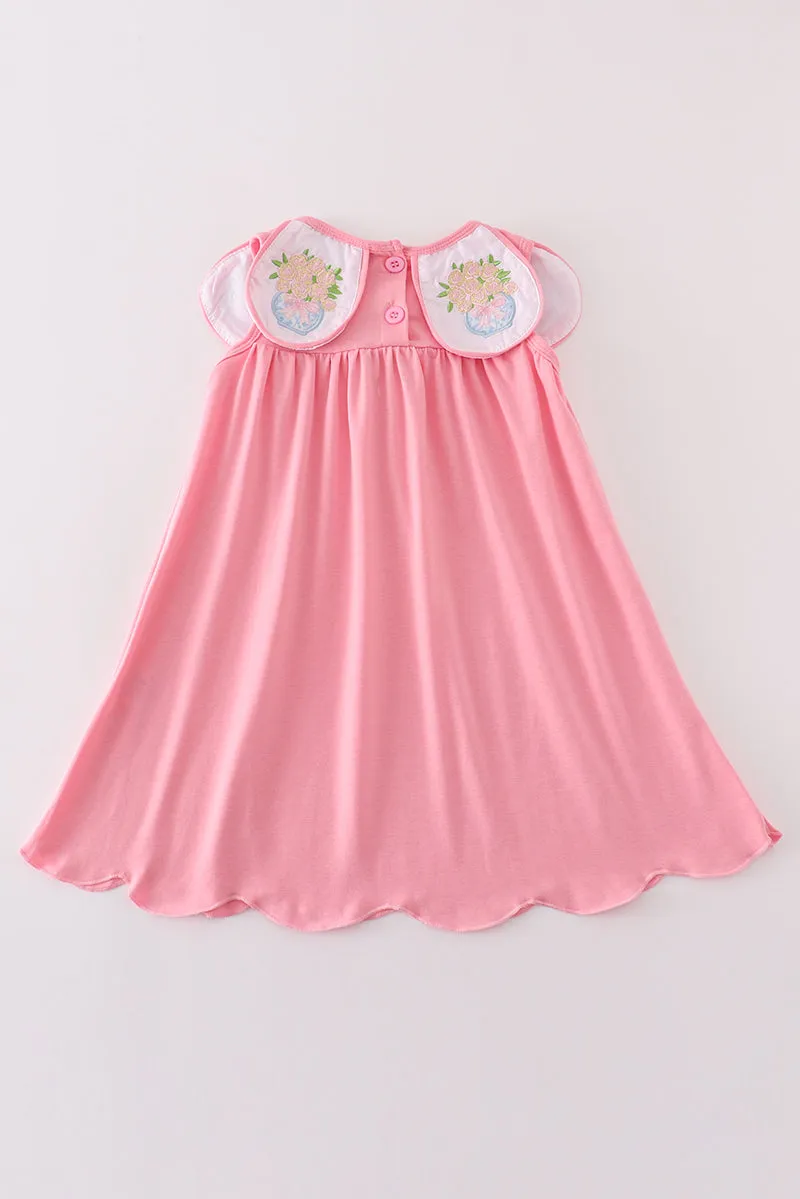 Pink floral embroidery girl dress