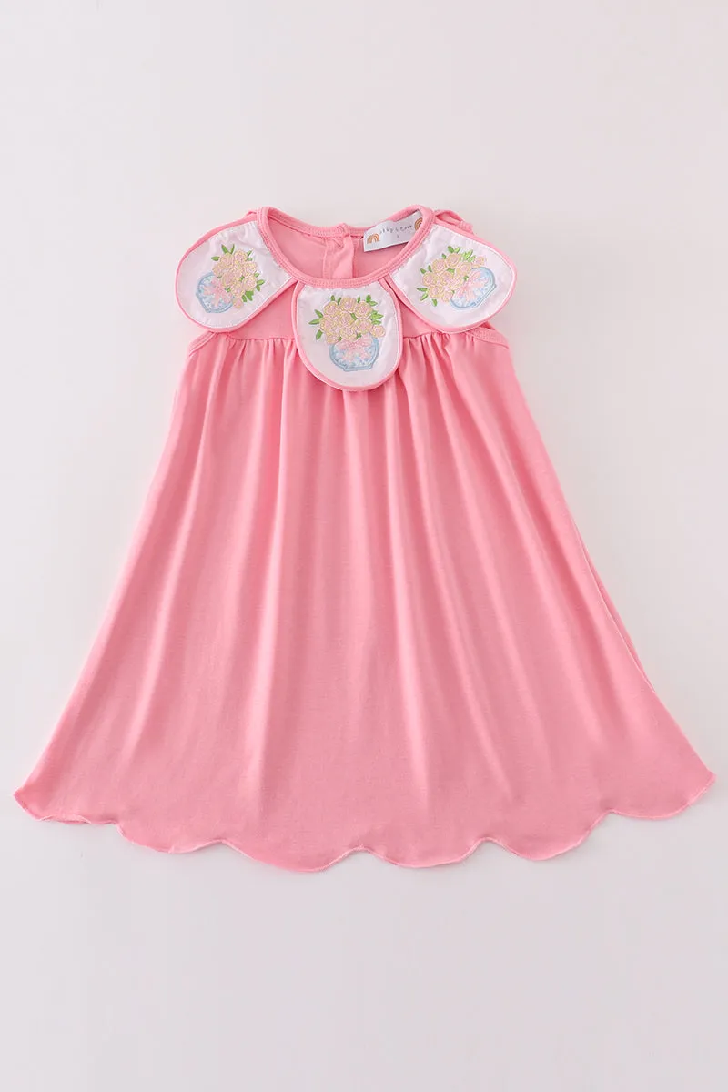 Pink floral embroidery girl dress
