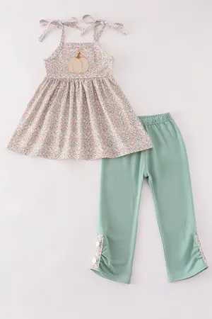 Pink Floral Print Pumpkin Embroidery Girl Set