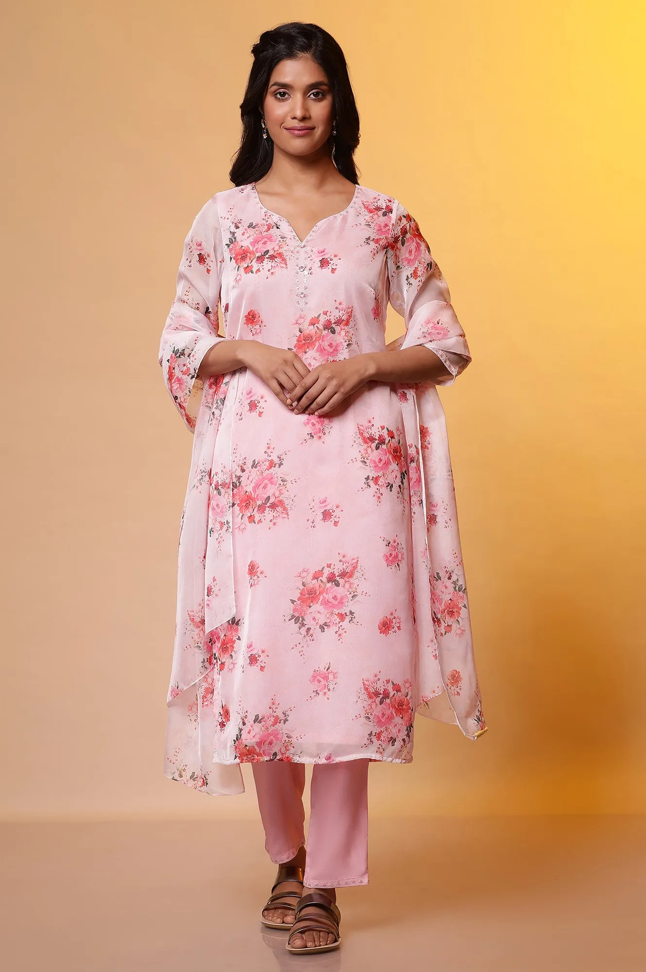 Pink Floral Printed Straight Kurta, Pants and Organza Dupatta