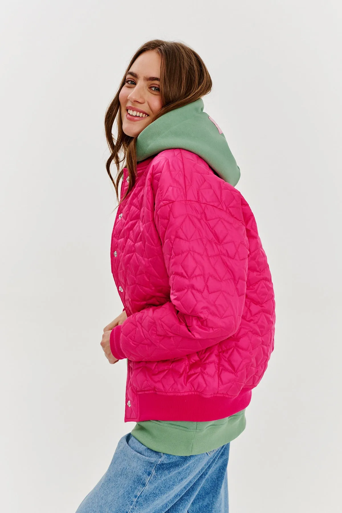 Pink Gravity quilted bomber