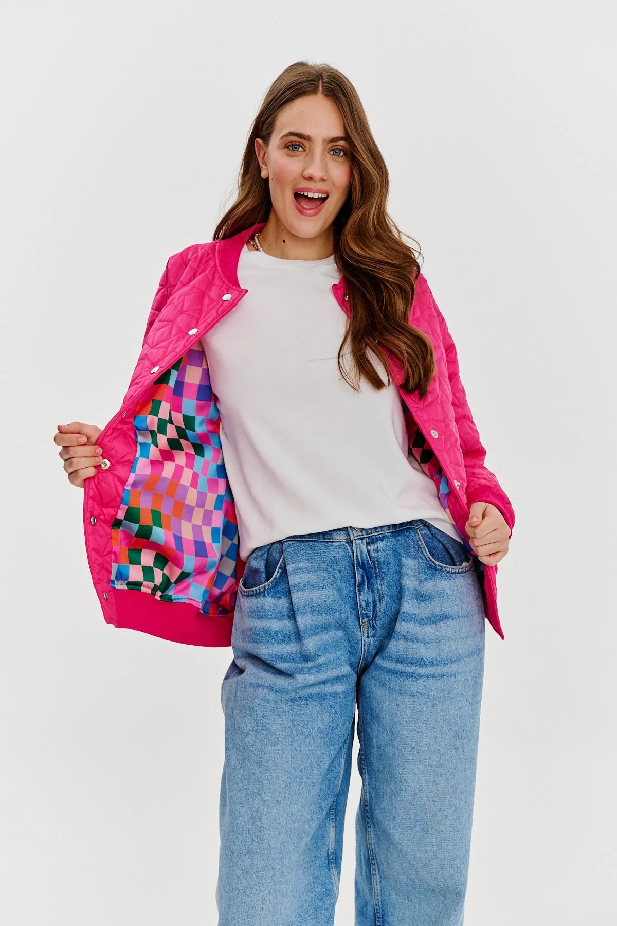 Pink Gravity quilted bomber