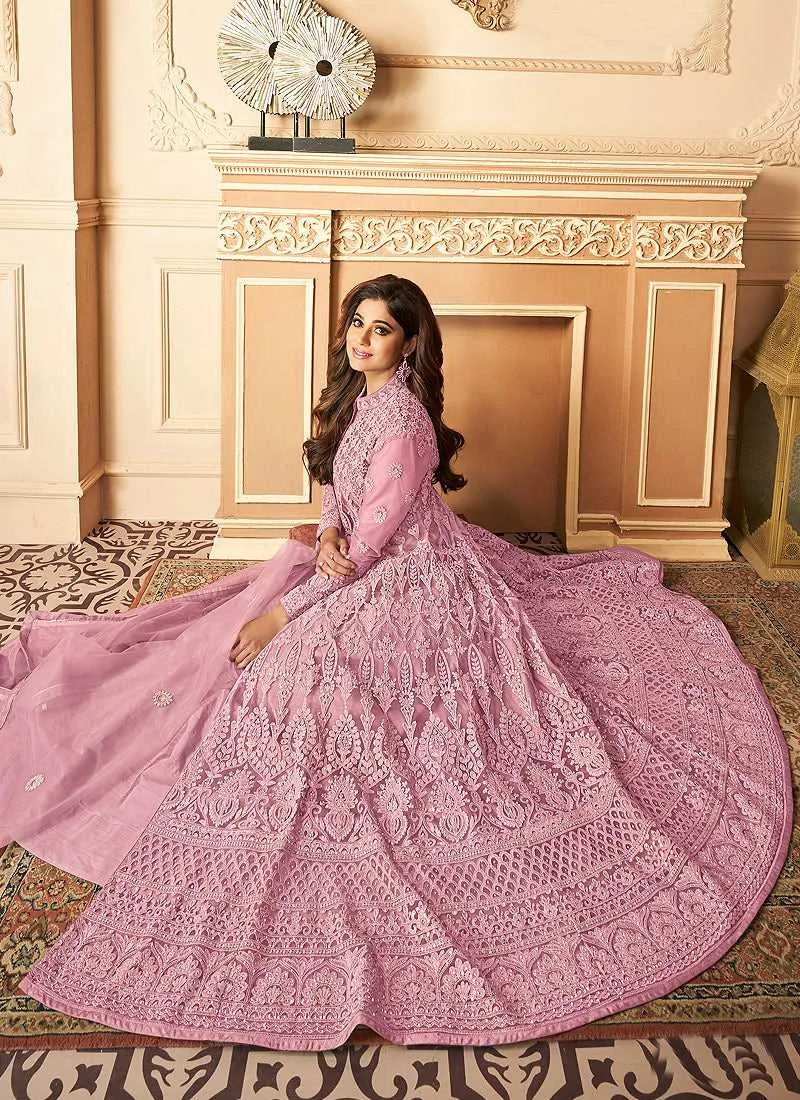 Pink Lucknowi Work Embroidered Anarkali style Lehenga