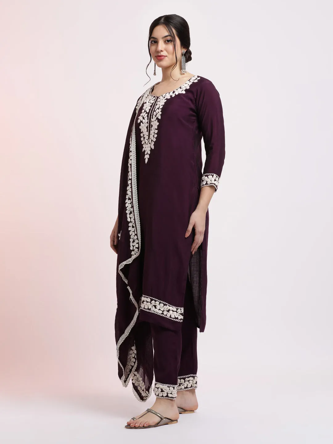 Purple Floral Embroidered Festive Kurta Set With Dupatta