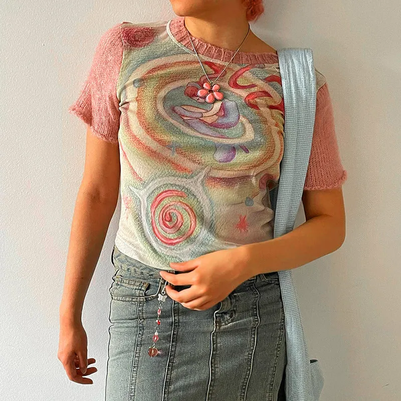 Q23TP226Sweet Gentle Cute Printed Stitching Cropped Short-Sleeved Top Women's Fashion Style2023Summer New