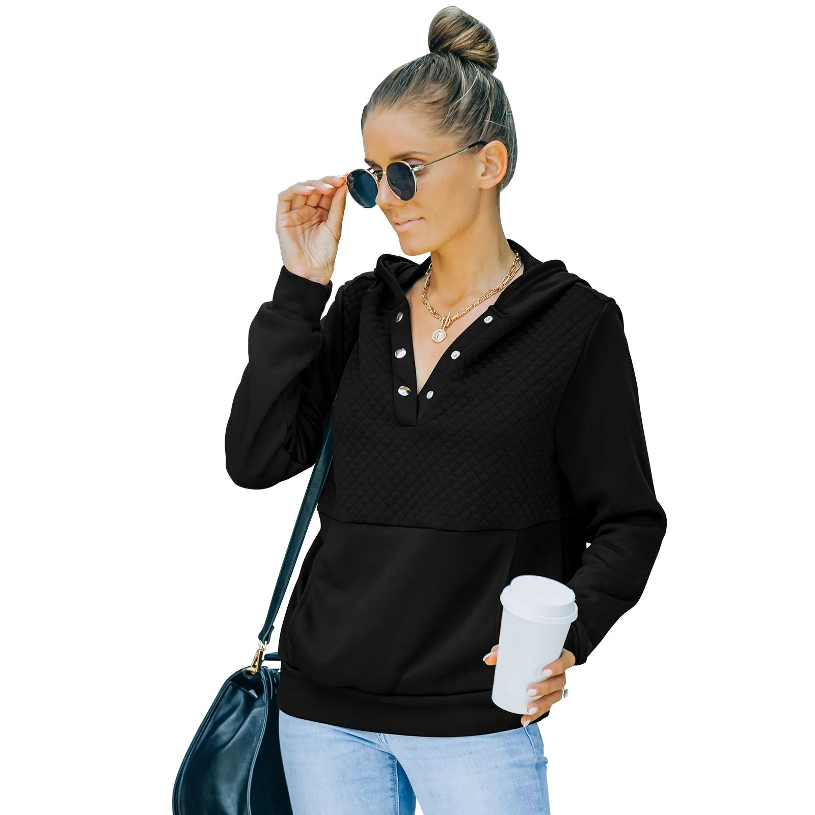 Quilted Panel Button-Up Long-Sleeve Hooded Sweatshirt