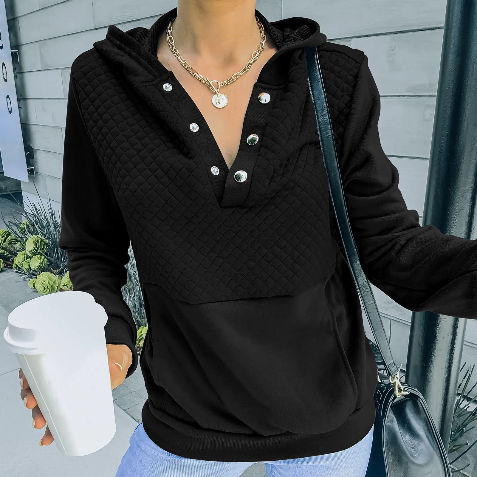 Quilted Panel Button-Up Long-Sleeve Hooded Sweatshirt