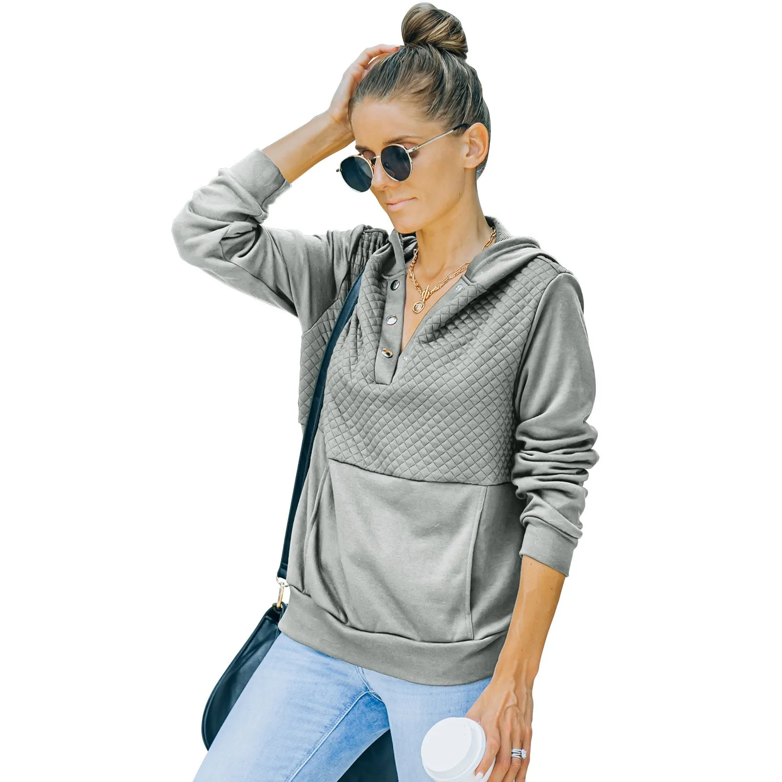 Quilted Panel Button-Up Long-Sleeve Hooded Sweatshirt