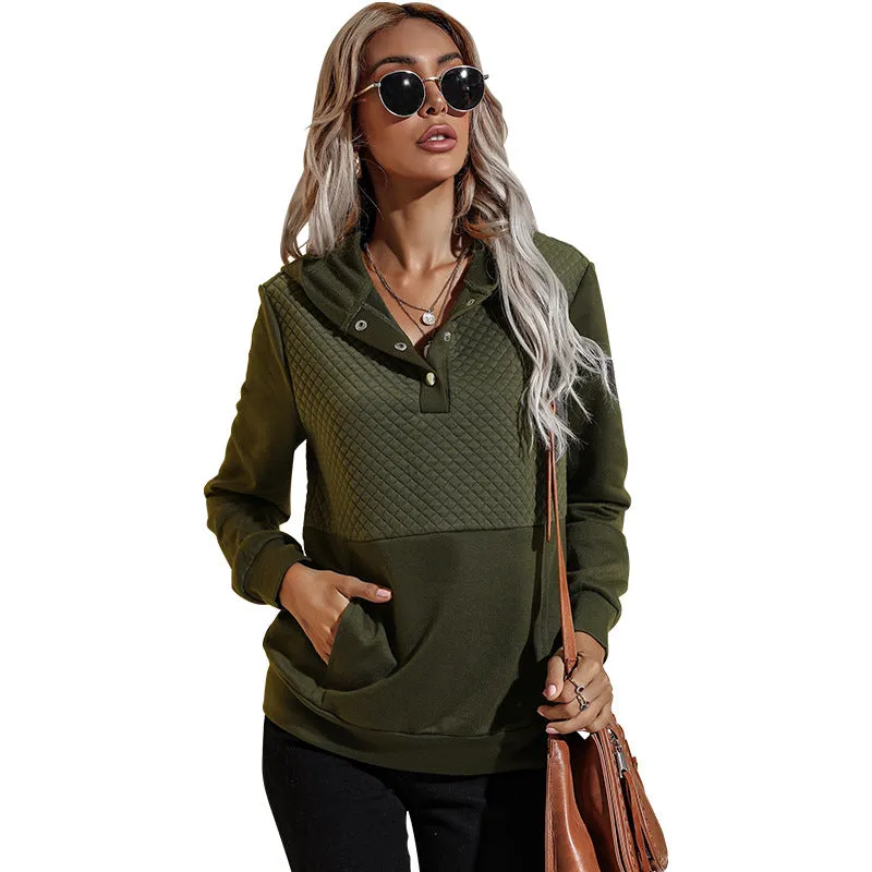 Quilted Panel Button-Up Long-Sleeve Hooded Sweatshirt