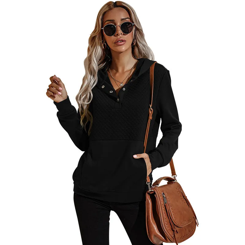 Quilted Panel Button-Up Long-Sleeve Hooded Sweatshirt