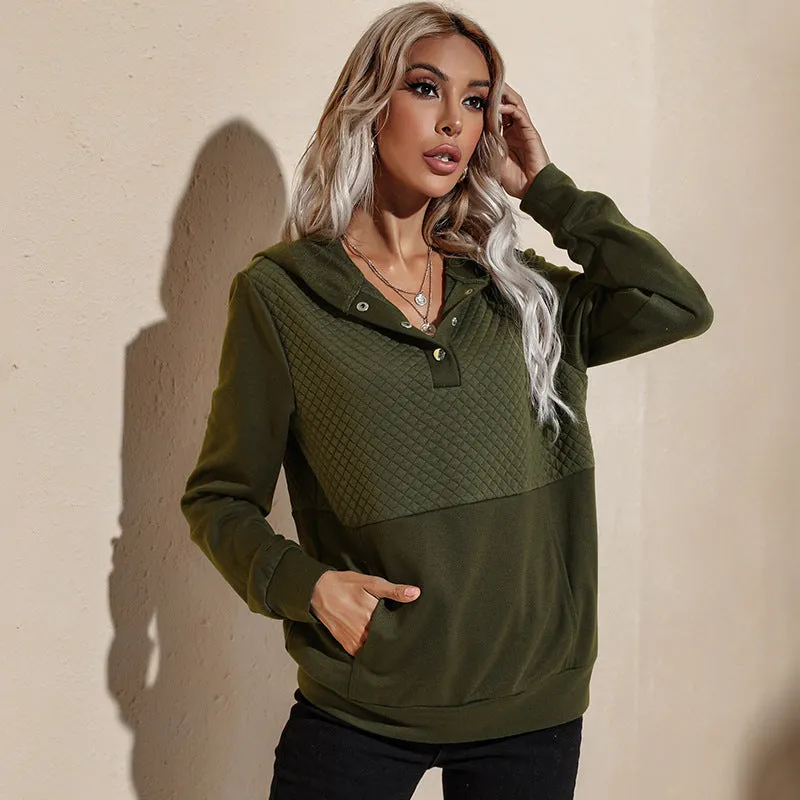 Quilted Panel Button-Up Long-Sleeve Hooded Sweatshirt