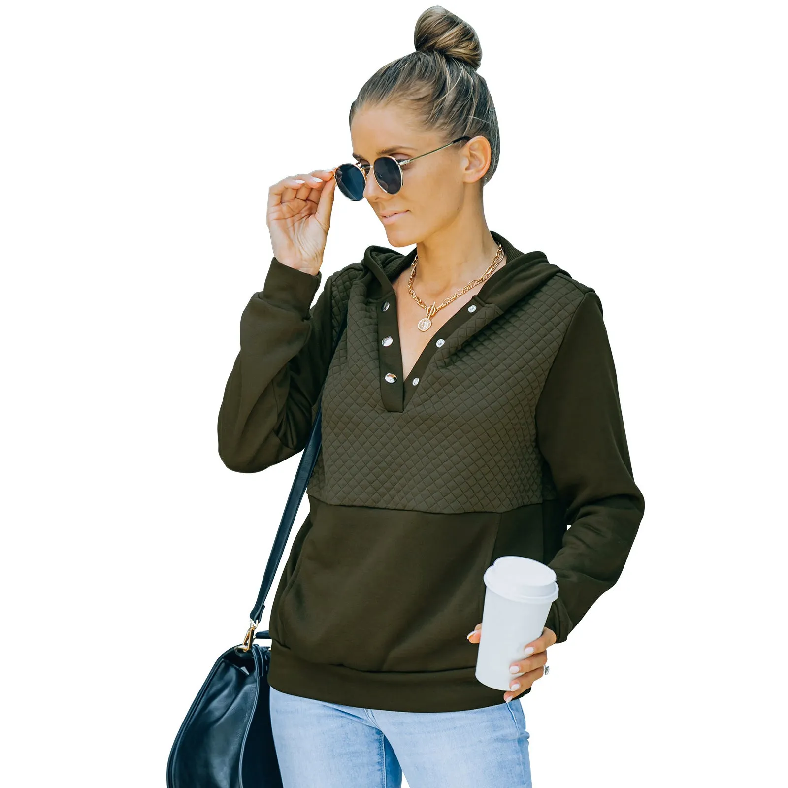 Quilted Panel Button-Up Long-Sleeve Hooded Sweatshirt