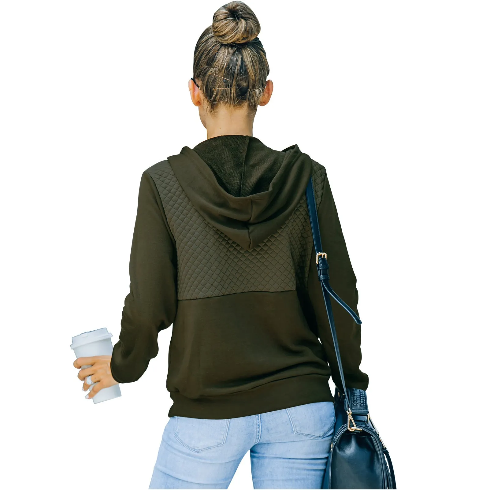 Quilted Panel Button-Up Long-Sleeve Hooded Sweatshirt