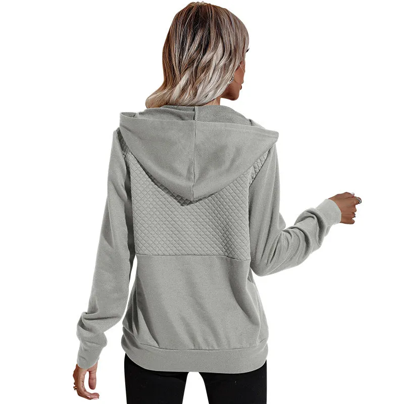 Quilted Panel Button-Up Long-Sleeve Hooded Sweatshirt