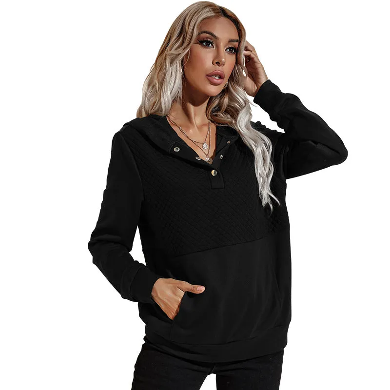Quilted Panel Button-Up Long-Sleeve Hooded Sweatshirt