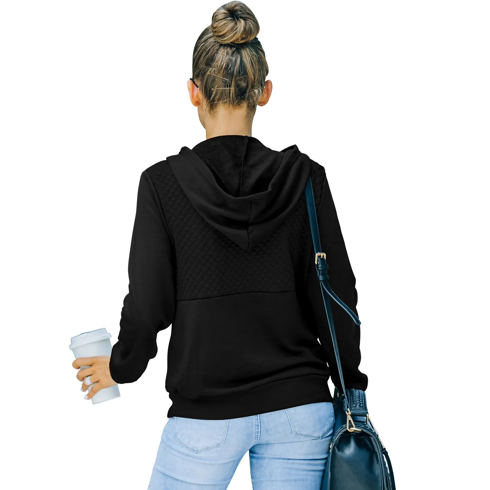Quilted Panel Button-Up Long-Sleeve Hooded Sweatshirt