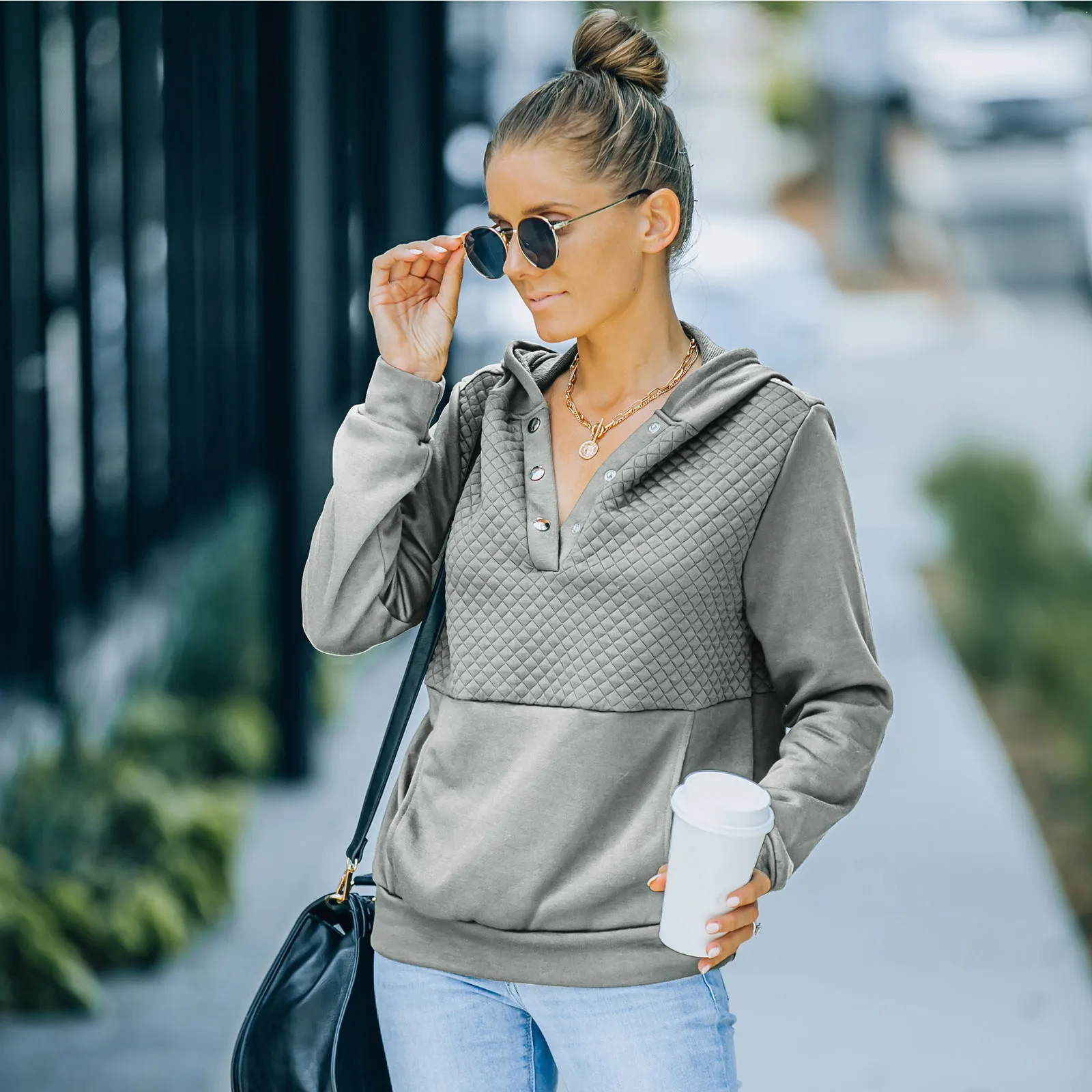 Quilted Panel Button-Up Long-Sleeve Hooded Sweatshirt