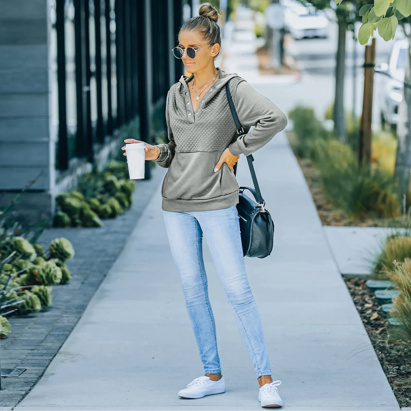 Quilted Panel Button-Up Long-Sleeve Hooded Sweatshirt