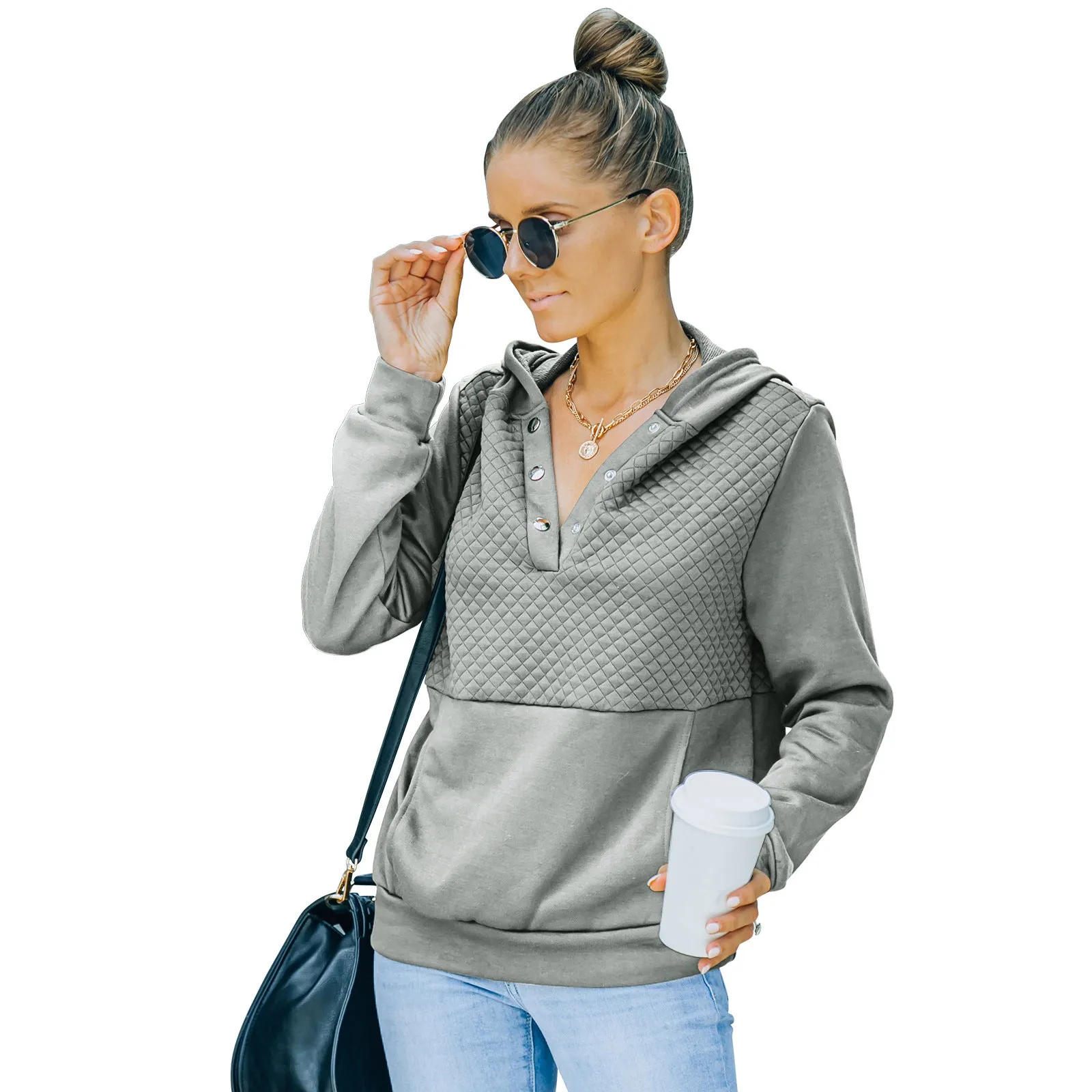 Quilted Panel Button-Up Long-Sleeve Hooded Sweatshirt