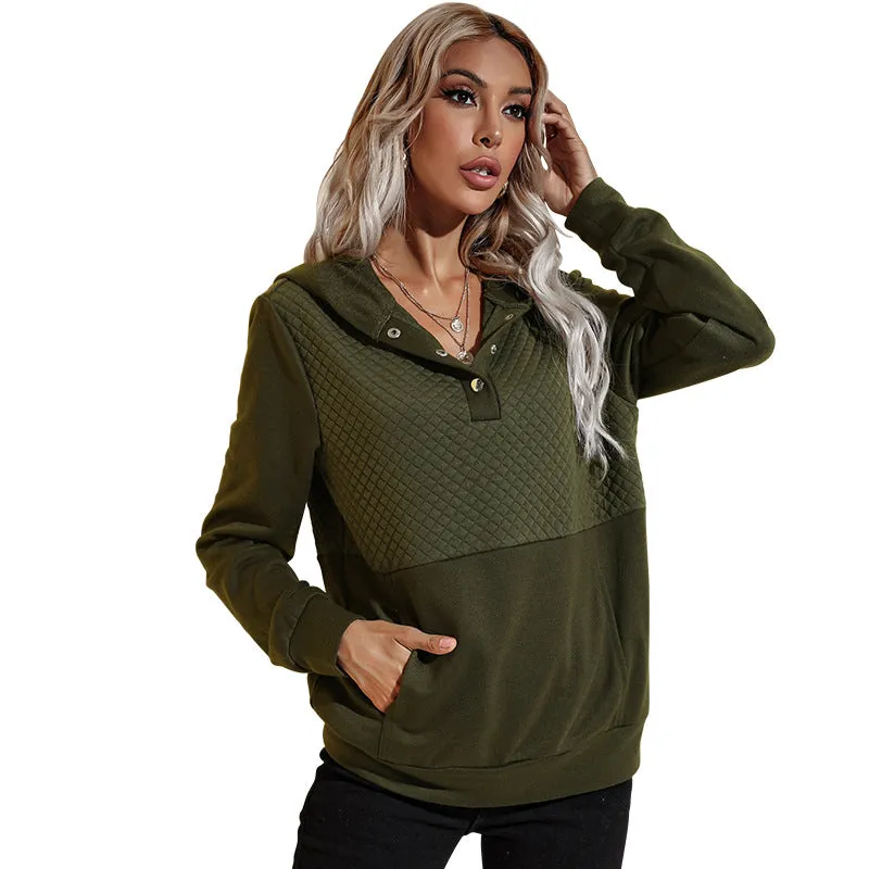 Quilted Panel Button-Up Long-Sleeve Hooded Sweatshirt
