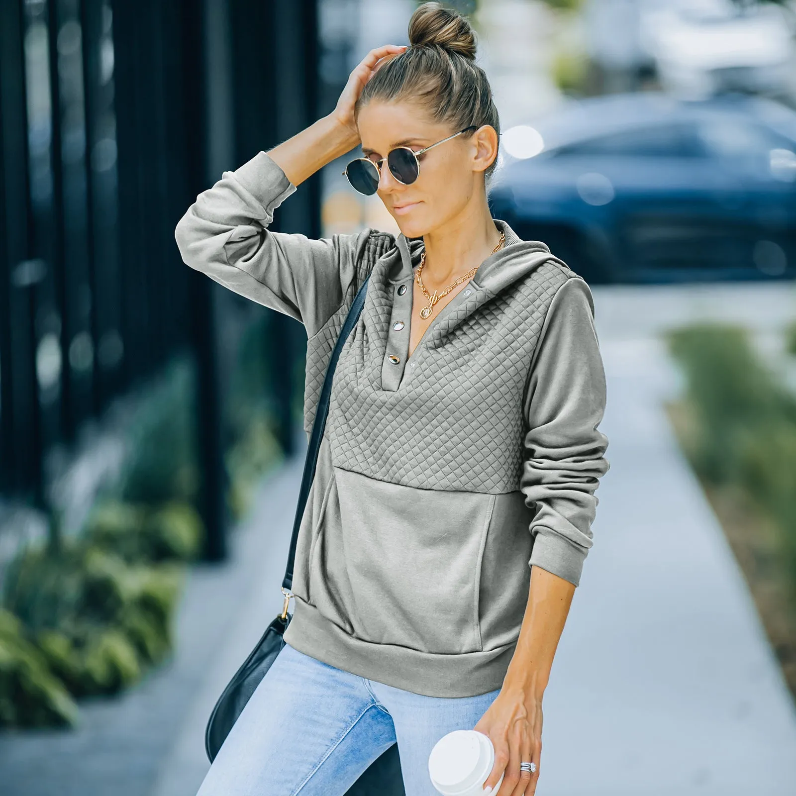 Quilted Panel Button-Up Long-Sleeve Hooded Sweatshirt
