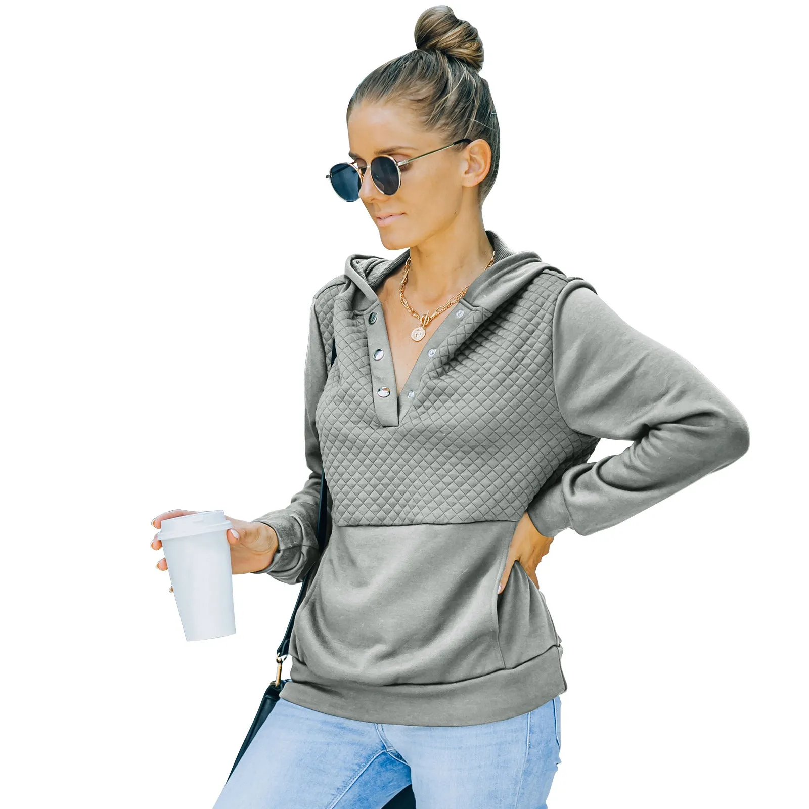 Quilted Panel Button-Up Long-Sleeve Hooded Sweatshirt