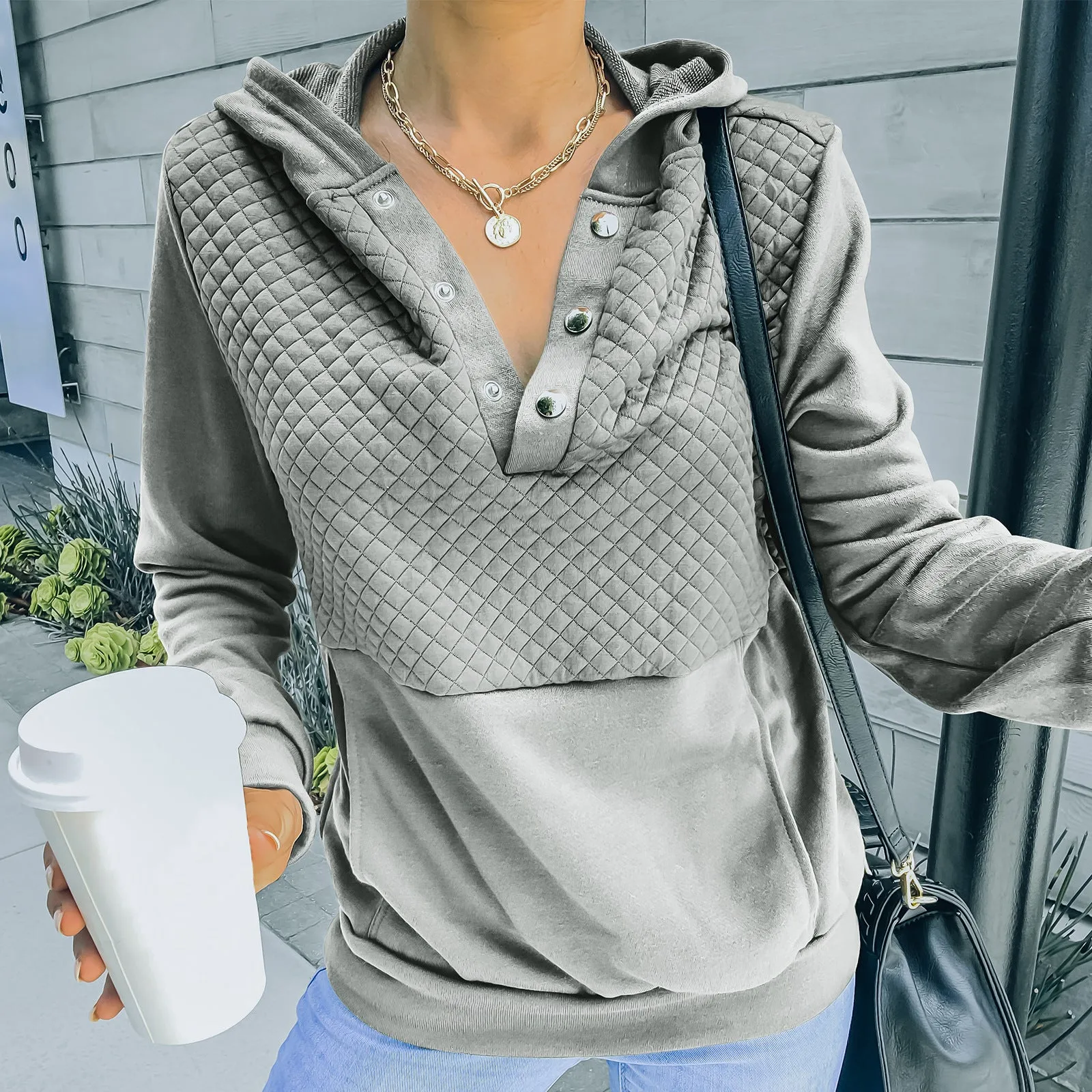 Quilted Panel Button-Up Long-Sleeve Hooded Sweatshirt