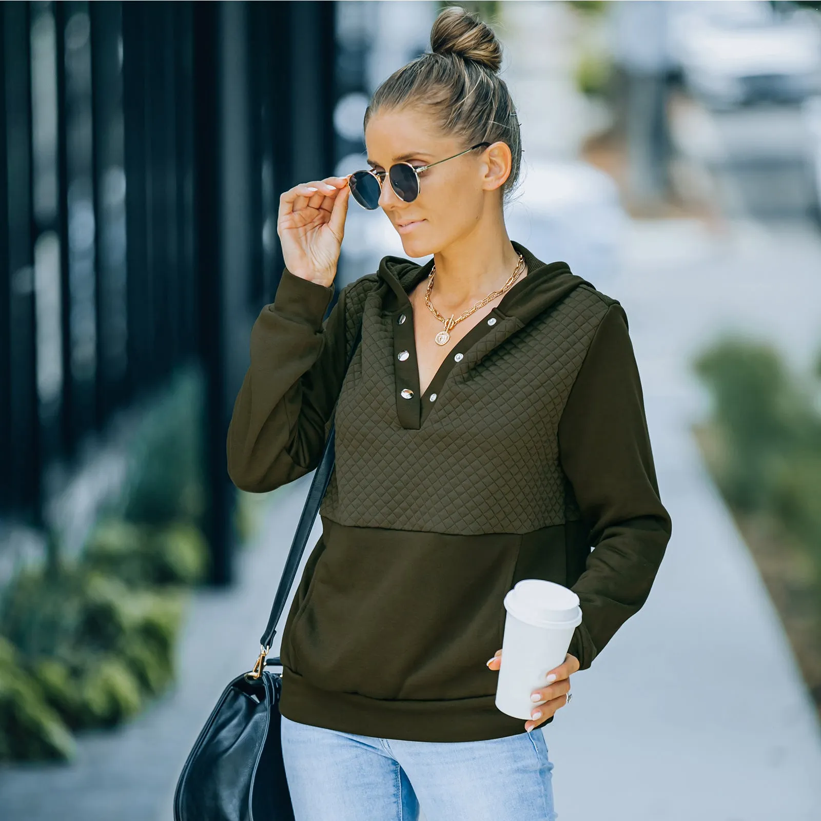 Quilted Panel Button-Up Long-Sleeve Hooded Sweatshirt