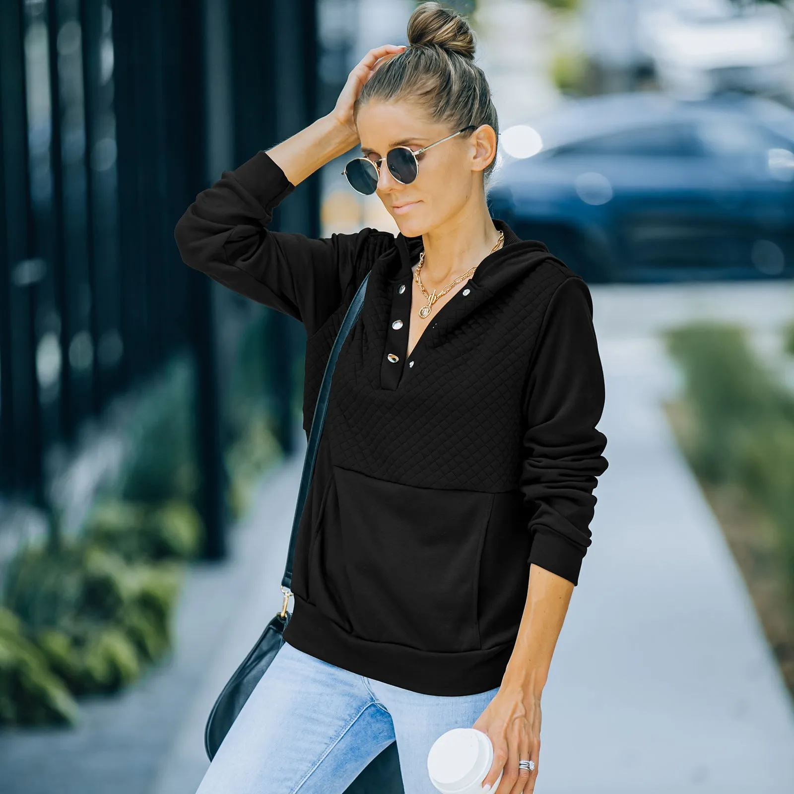 Quilted Panel Button-Up Long-Sleeve Hooded Sweatshirt