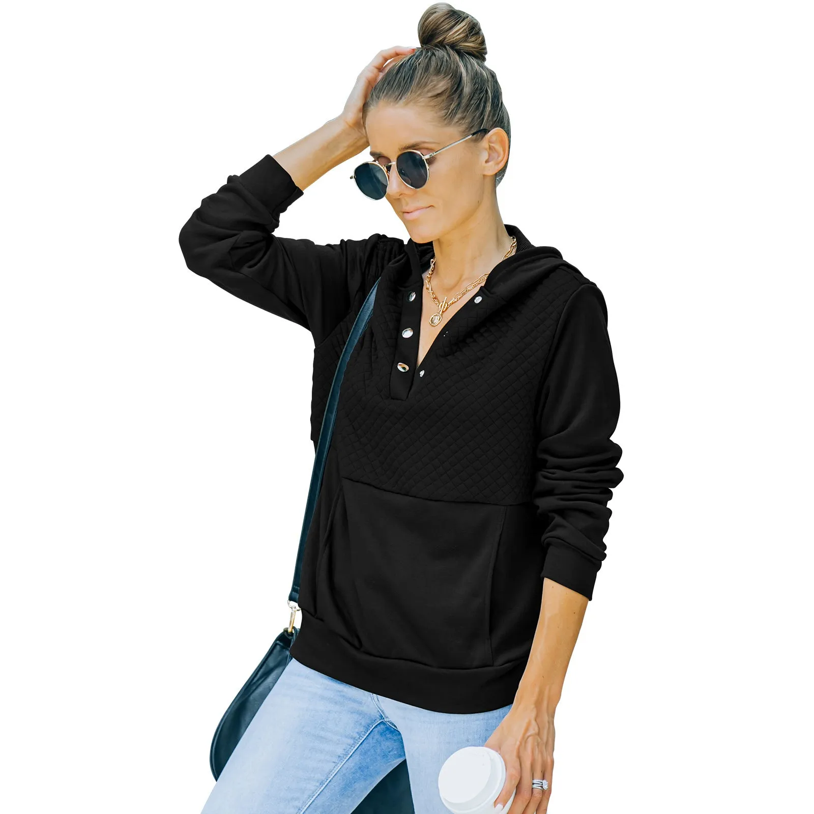 Quilted Panel Button-Up Long-Sleeve Hooded Sweatshirt