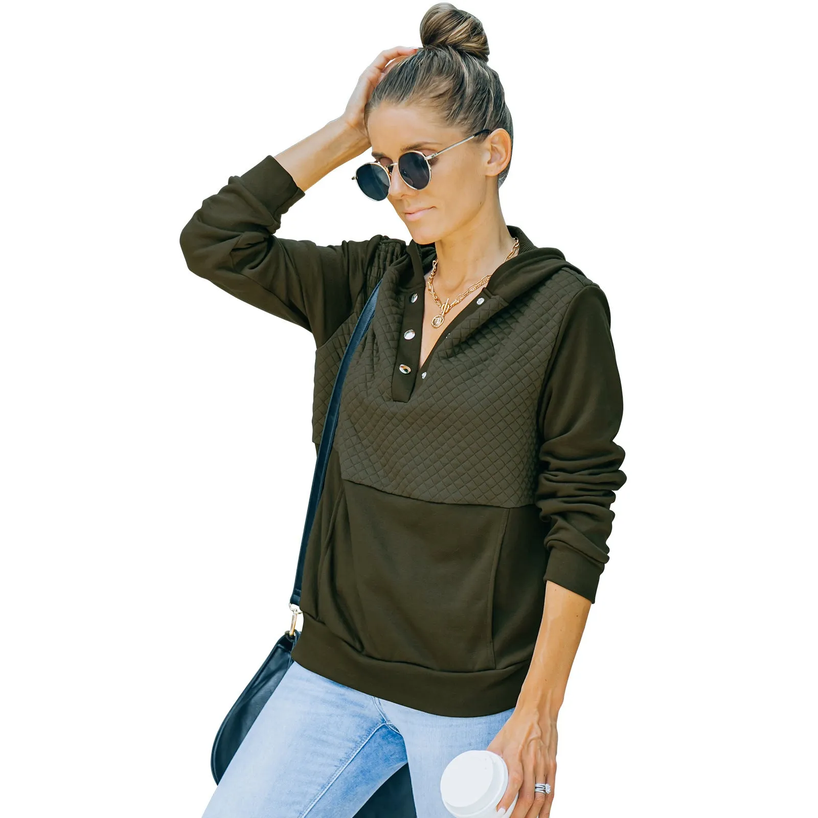Quilted Panel Button-Up Long-Sleeve Hooded Sweatshirt