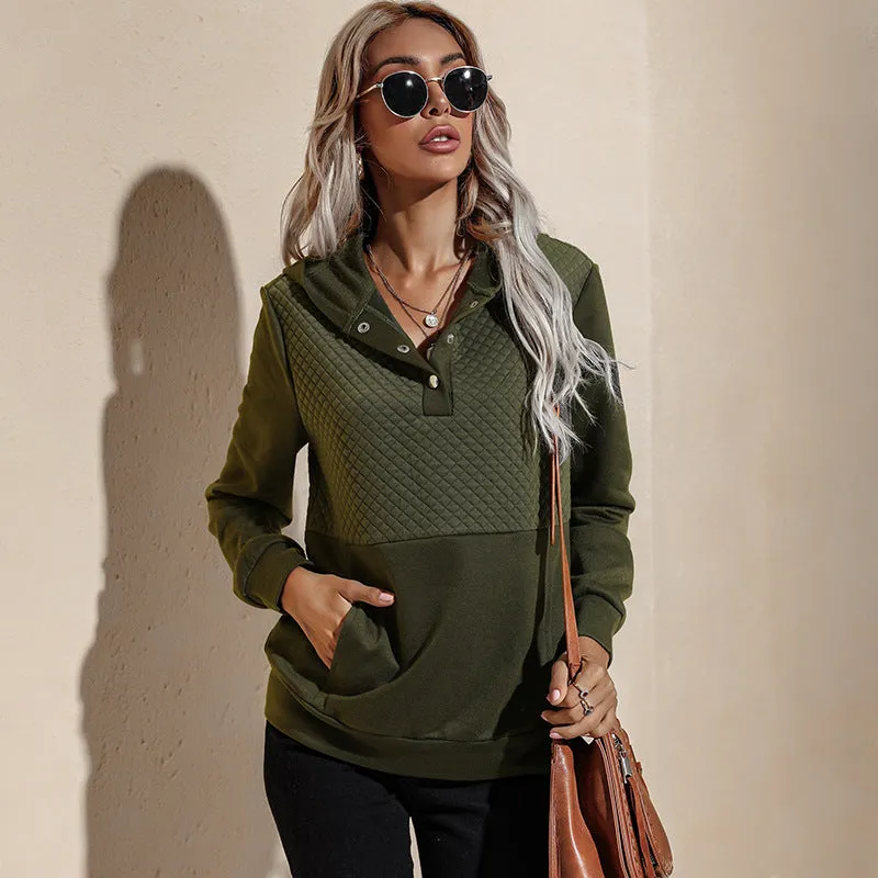 Quilted Panel Button-Up Long-Sleeve Hooded Sweatshirt