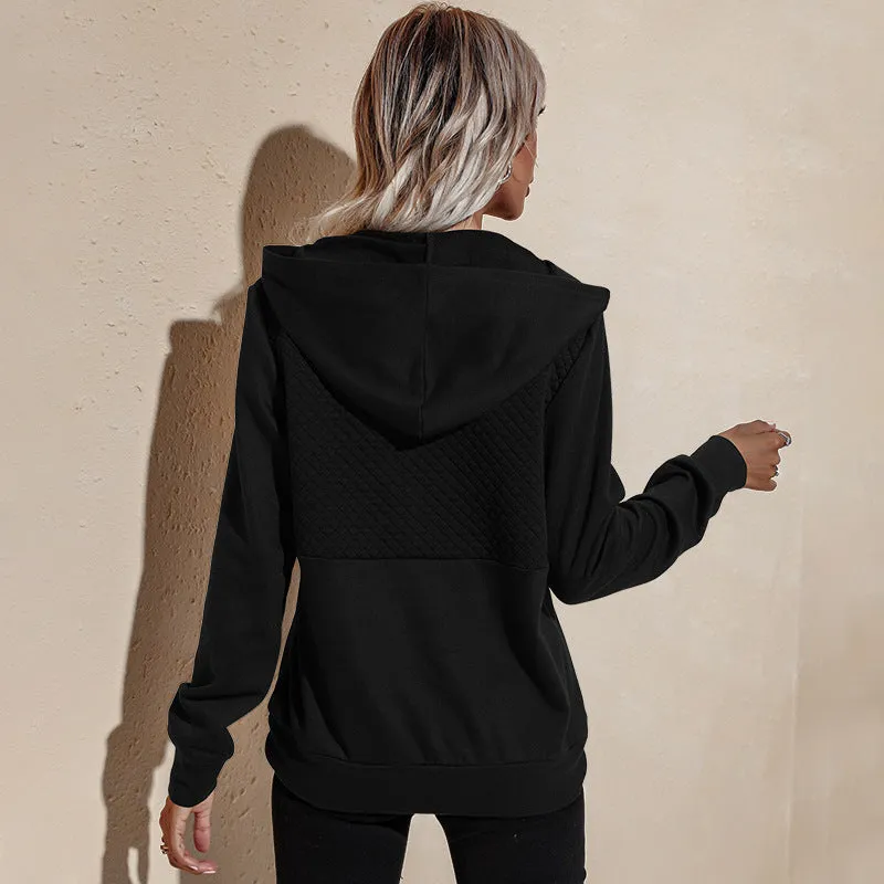 Quilted Panel Button-Up Long-Sleeve Hooded Sweatshirt
