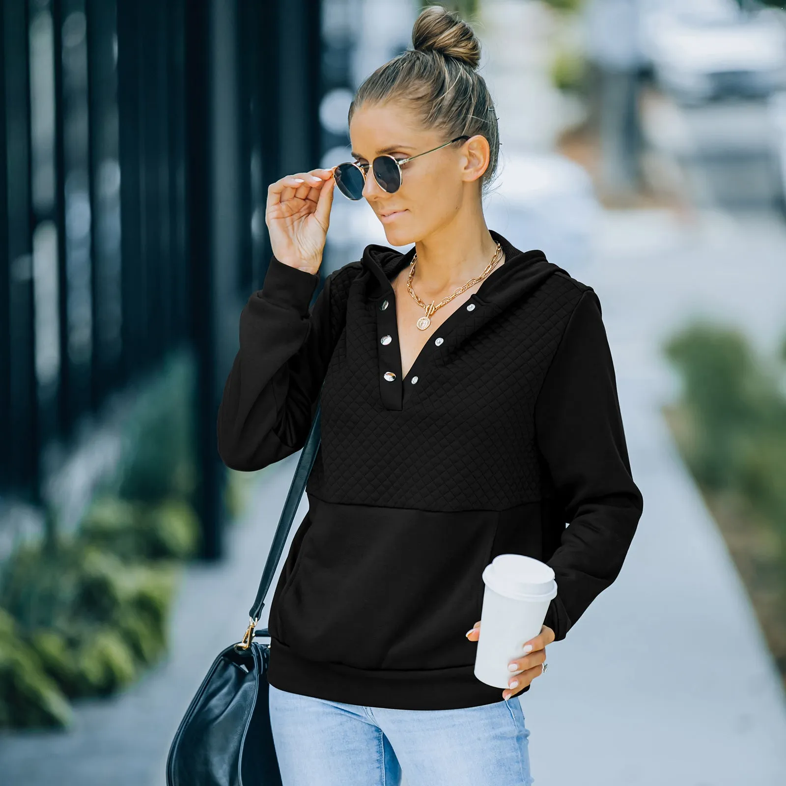 Quilted Panel Button-Up Long-Sleeve Hooded Sweatshirt