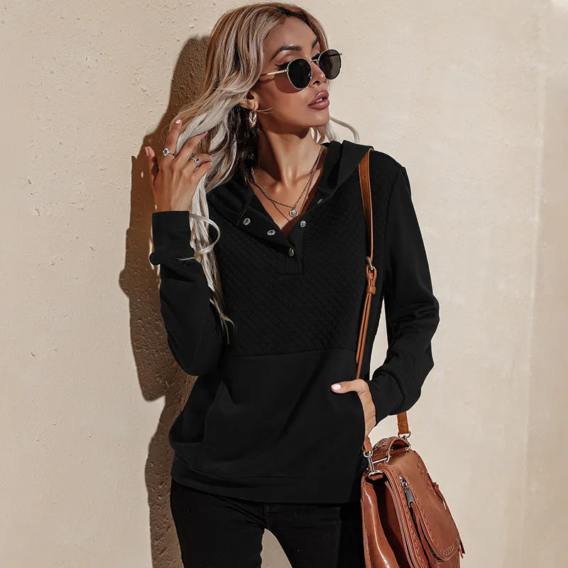 Quilted Panel Button-Up Long-Sleeve Hooded Sweatshirt