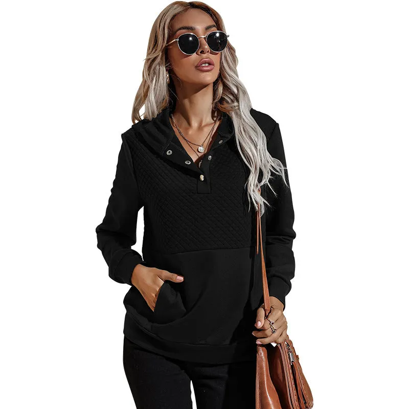 Quilted Panel Button-Up Long-Sleeve Hooded Sweatshirt