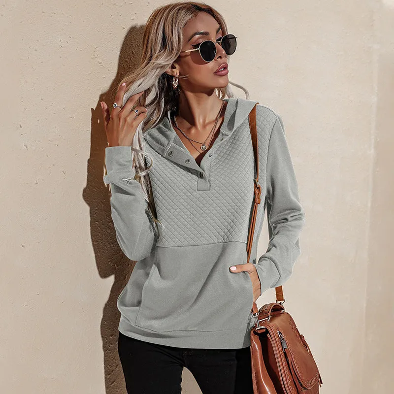 Quilted Panel Button-Up Long-Sleeve Hooded Sweatshirt
