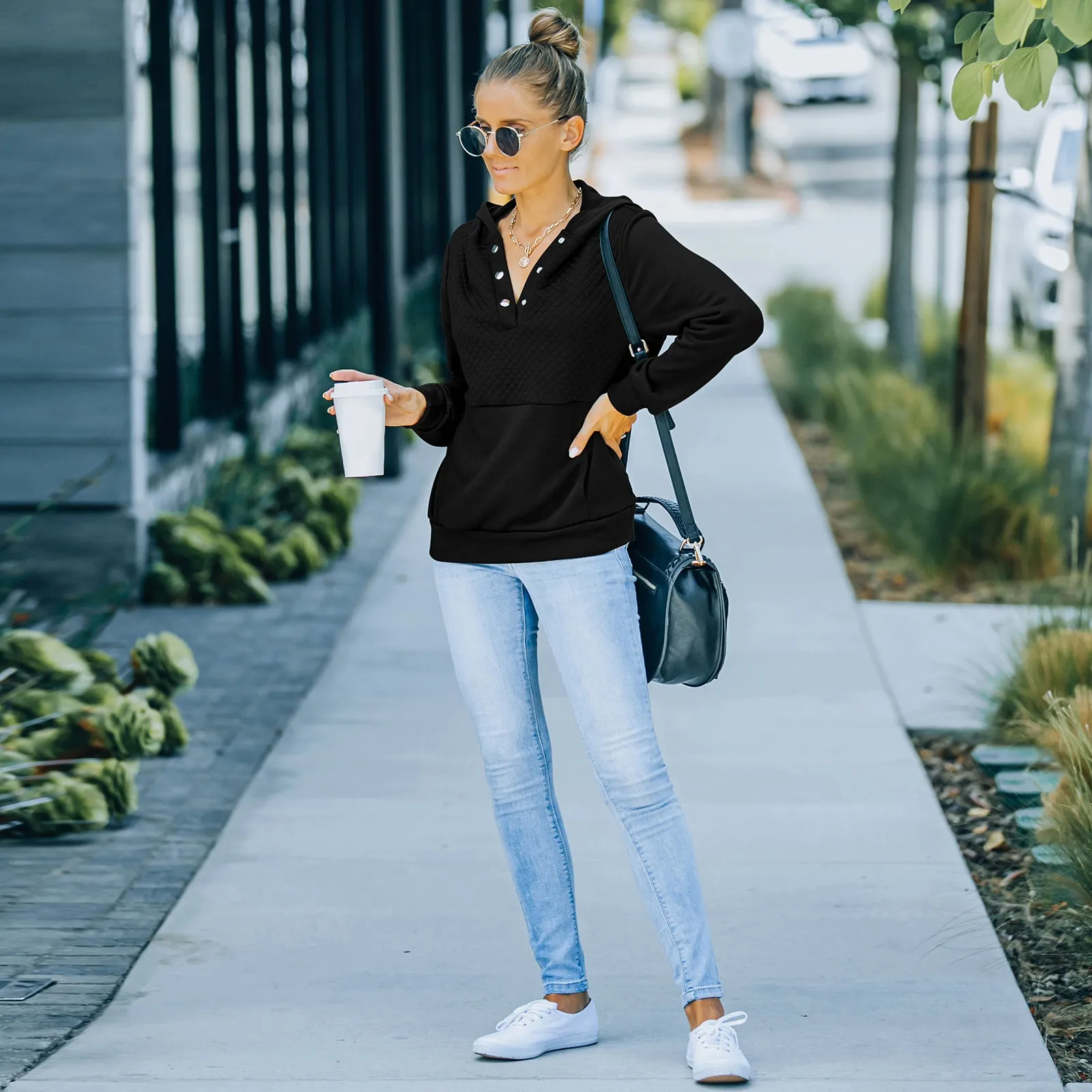 Quilted Panel Button-Up Long-Sleeve Hooded Sweatshirt