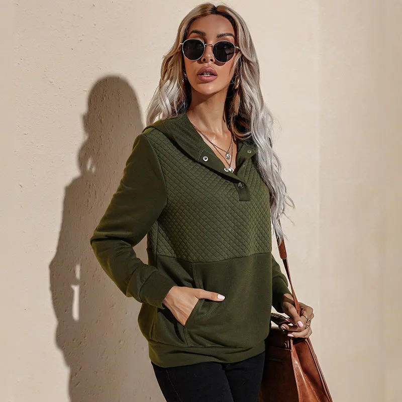 Quilted Panel Button-Up Long-Sleeve Hooded Sweatshirt