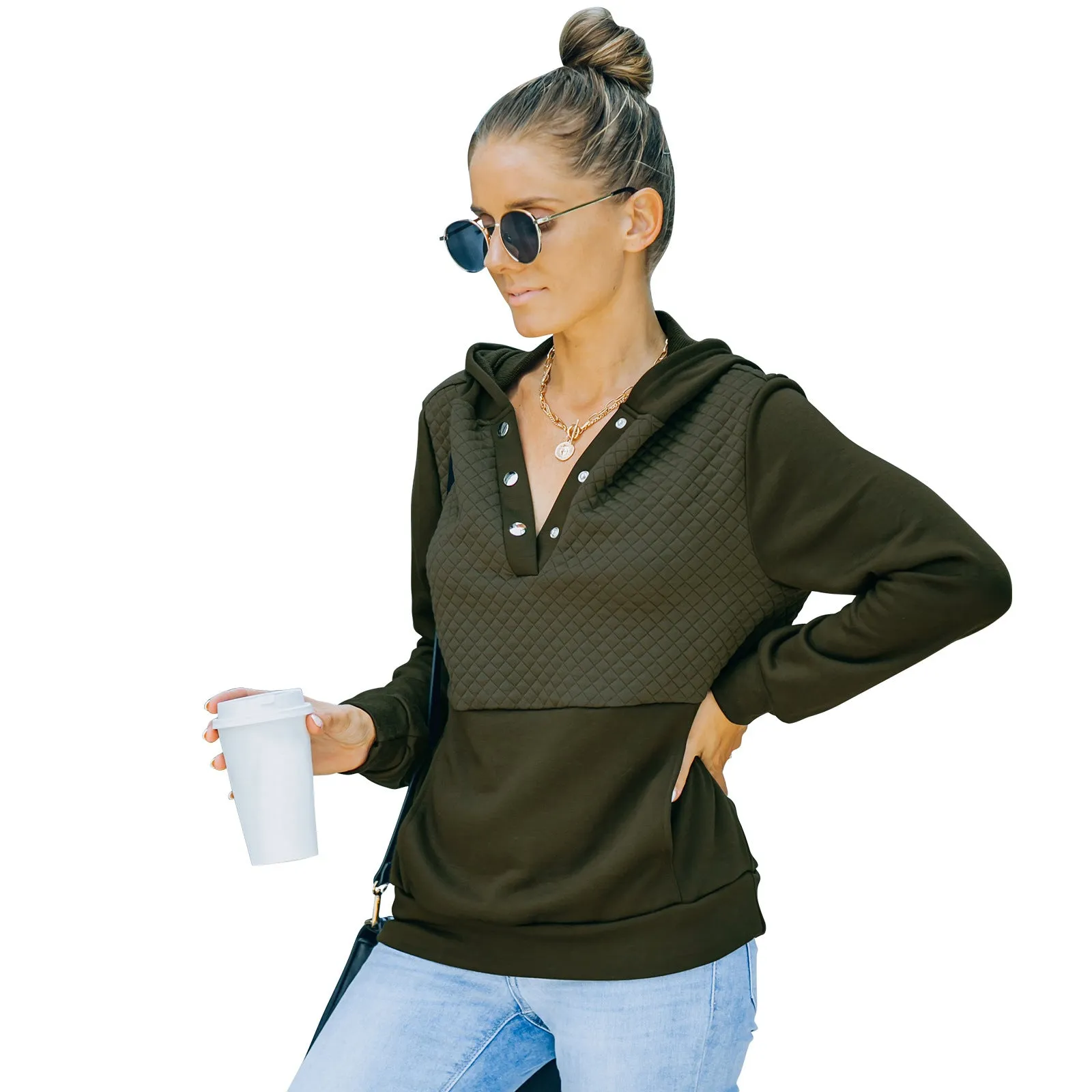 Quilted Panel Button-Up Long-Sleeve Hooded Sweatshirt