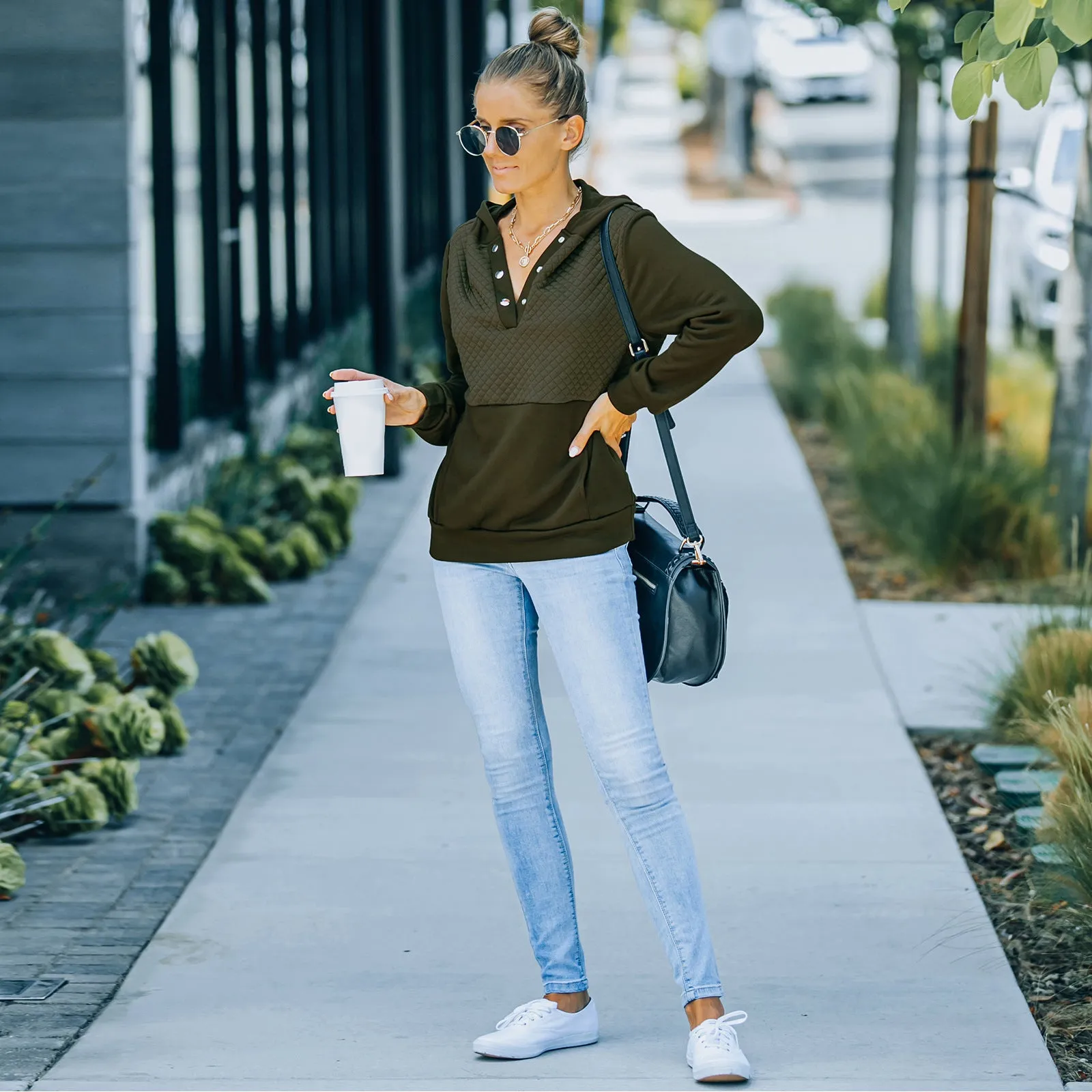 Quilted Panel Button-Up Long-Sleeve Hooded Sweatshirt
