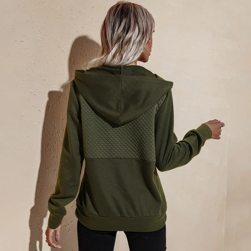 Quilted Panel Button-Up Long-Sleeve Hooded Sweatshirt