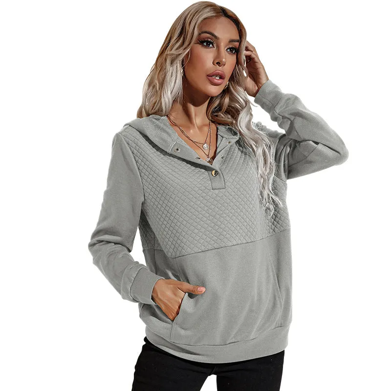 Quilted Panel Button-Up Long-Sleeve Hooded Sweatshirt