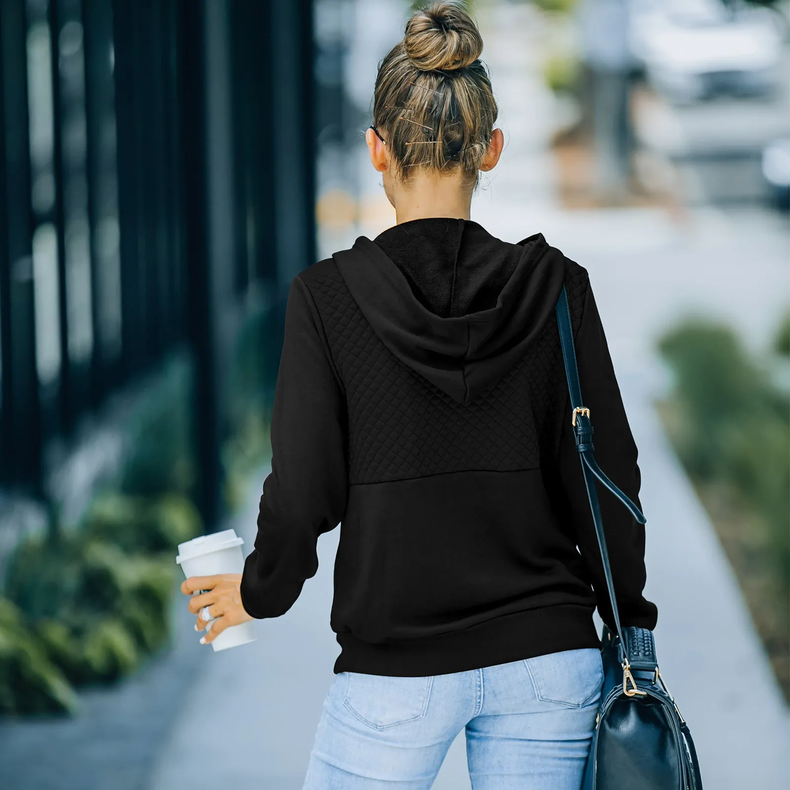 Quilted Panel Button-Up Long-Sleeve Hooded Sweatshirt