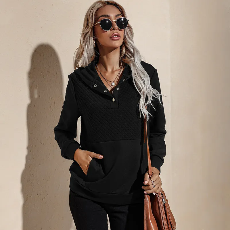 Quilted Panel Button-Up Long-Sleeve Hooded Sweatshirt
