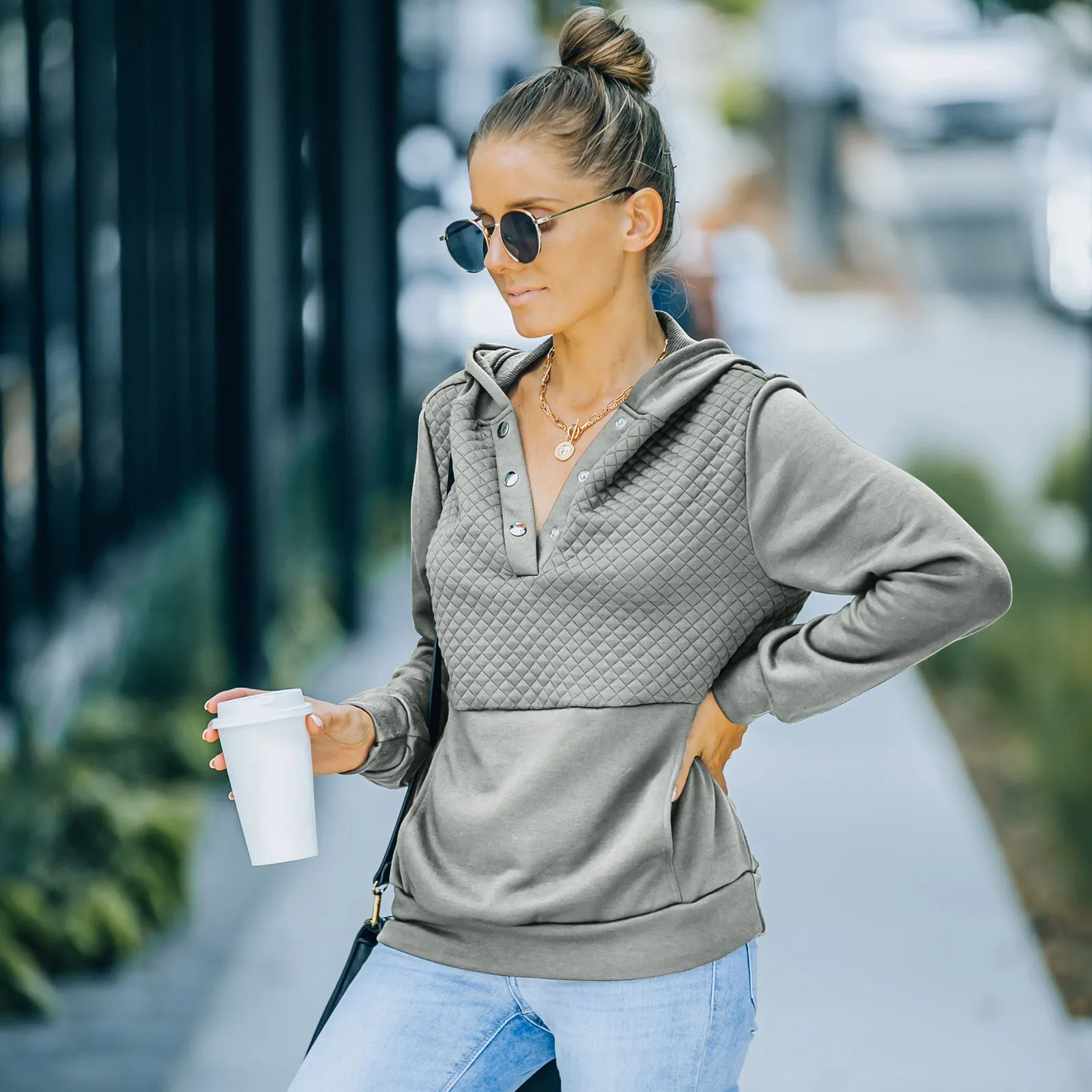 Quilted Panel Button-Up Long-Sleeve Hooded Sweatshirt