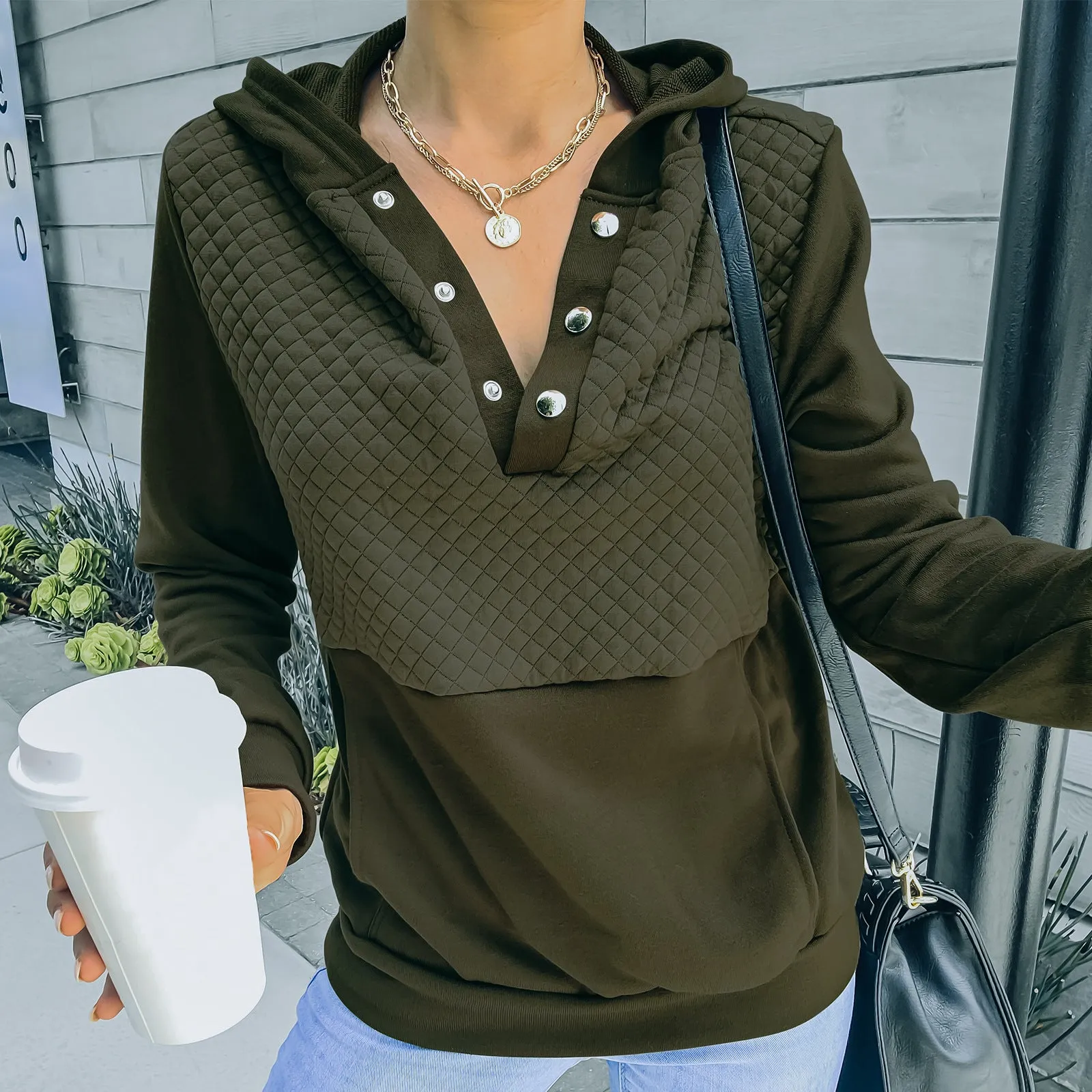 Quilted Panel Button-Up Long-Sleeve Hooded Sweatshirt