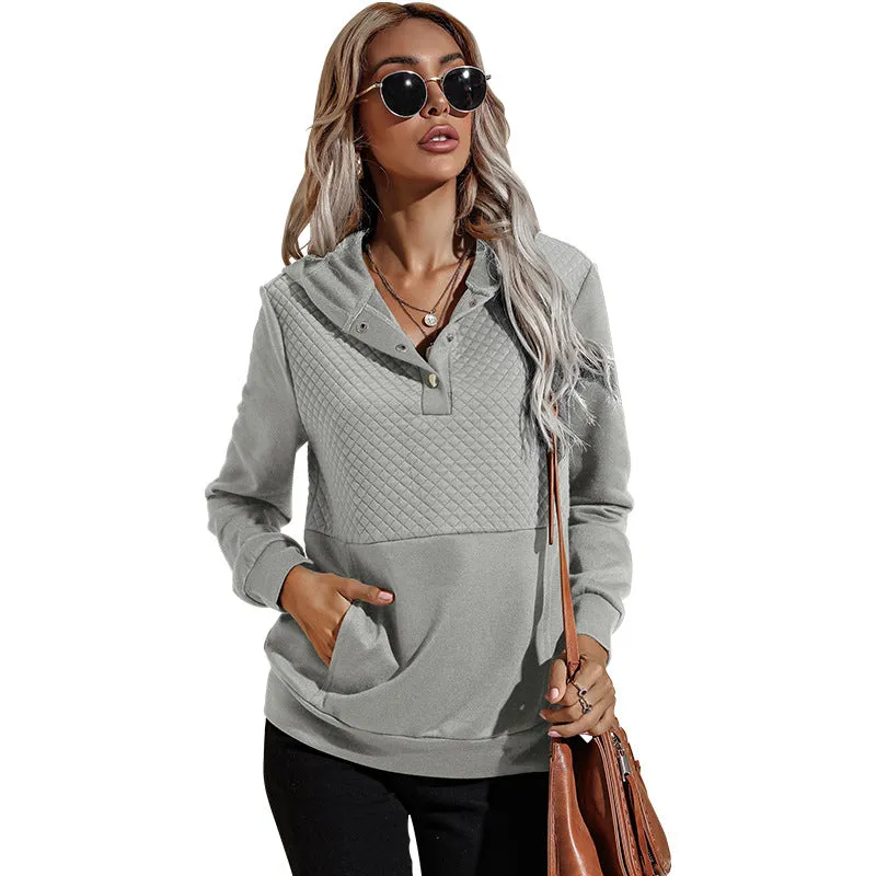 Quilted Panel Button-Up Long-Sleeve Hooded Sweatshirt